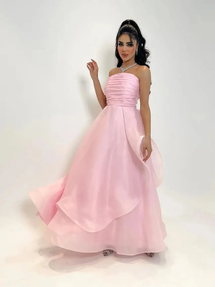 Jirocum Rosa trägerloses Ballkleid für Damen, A-Linie, plissiert, Party-Abendkleider, gerüschter Rand, Prinzessin, elegantes formelles Anlasskleid