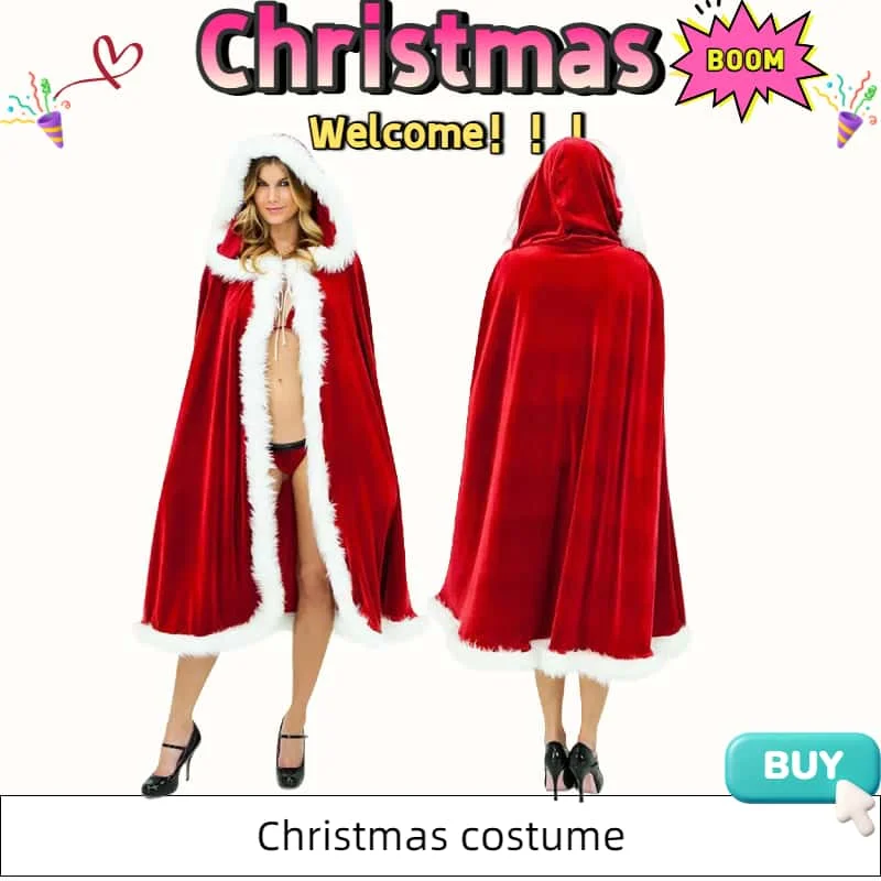 

Рождественский костюм 2025 года, накидка для взрослых, одежда для выступлений, плащ Санта-Клауса, накидка унисекс, бархатная накидка с красной шапочкой