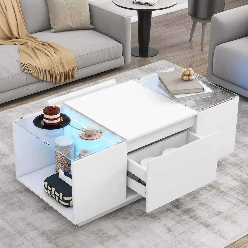 

Modern High Gloss LED Coffee Table with Transparent Glass Top 2 Hidden Drawers Open Storage for Living Room