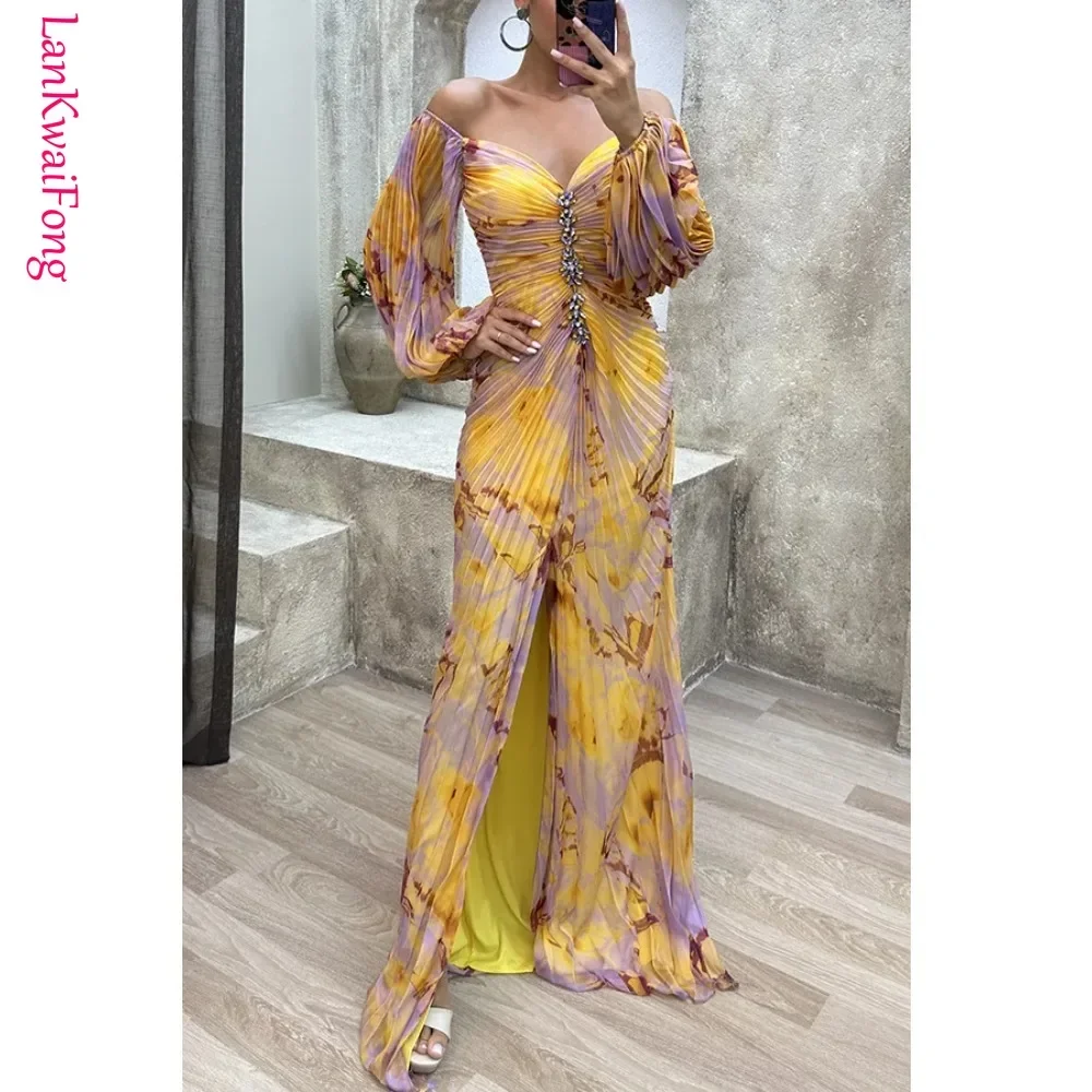 2024 Autumn Fashion Printed Pleated Dress Women Elegant Off Shoulder Long Sleeved Pleated Evening Dress Women