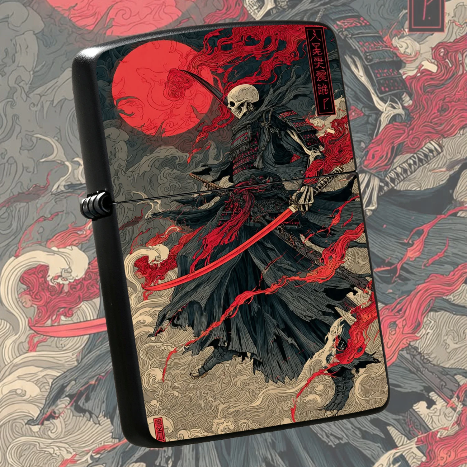 Ukiyo-E Style Skeleton Samurai Themed Lighter, Red Moon Flaming Vibe Exquisite Portable Daily Carry Accessory, Unique Creative Collectible Practical Item, Perfect For Gifting And Personal Use, Fits All Kinds Of Scenarios To Stunning Cool Au