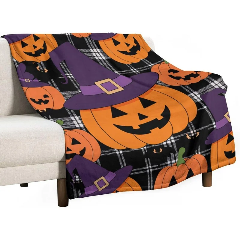 Halloween blanket, haunted witch toss blanket, checkered pattern witch hat, playful pumpkin lantern, lightweight blanket, travel