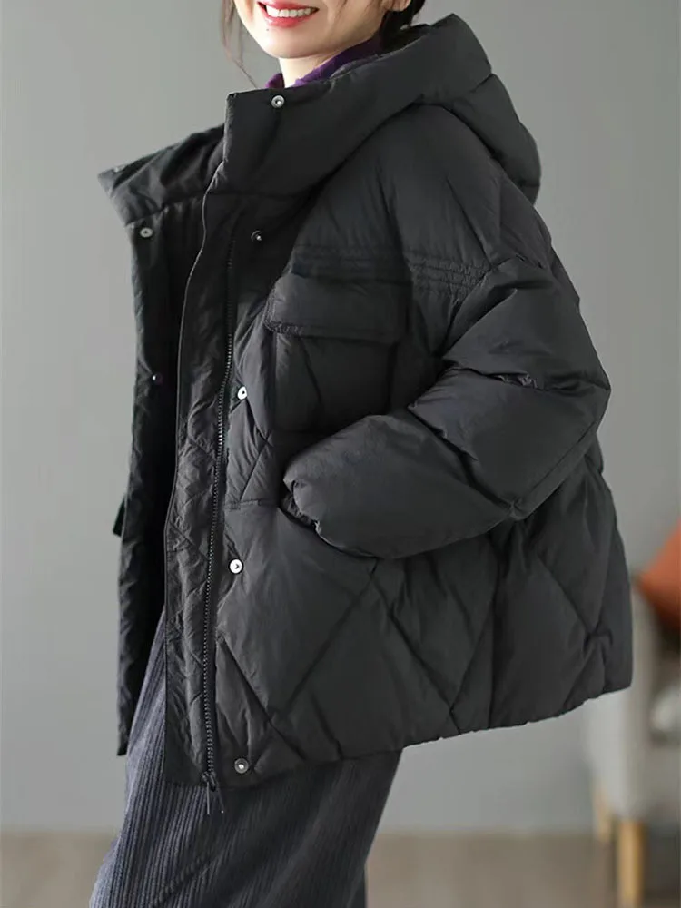 Women 90% White Duck Down Jacket Hooded Loose Oversized Puffer Coat Autumn Winter Warm Short Female Feather Parkas