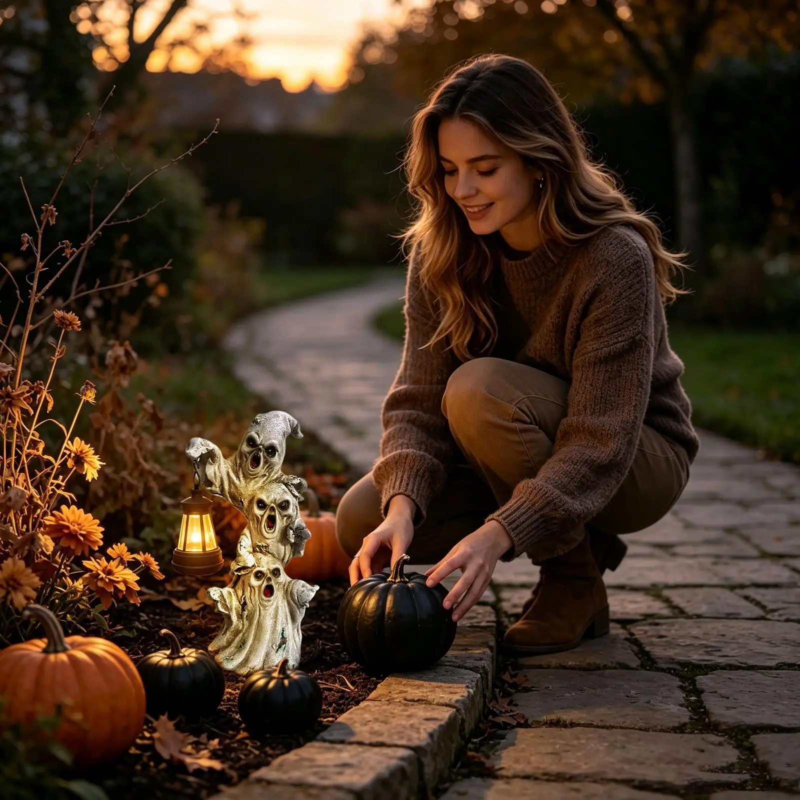 Solar Ghost Lights Outdoor Scary Resin Figurine Halloween Lamp Desktop Fireplace Ghost Statue For Outside Backyard Lawn Patio