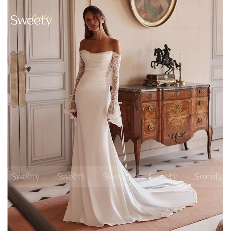 Suknia ślubna w stylu vintage satynowa z haftem suknia balowa o kroju syreny dekolt w łódkę pełna rękaw dostosowana suknia dla panny młodej Vestido De Novia zamek błyskawiczny