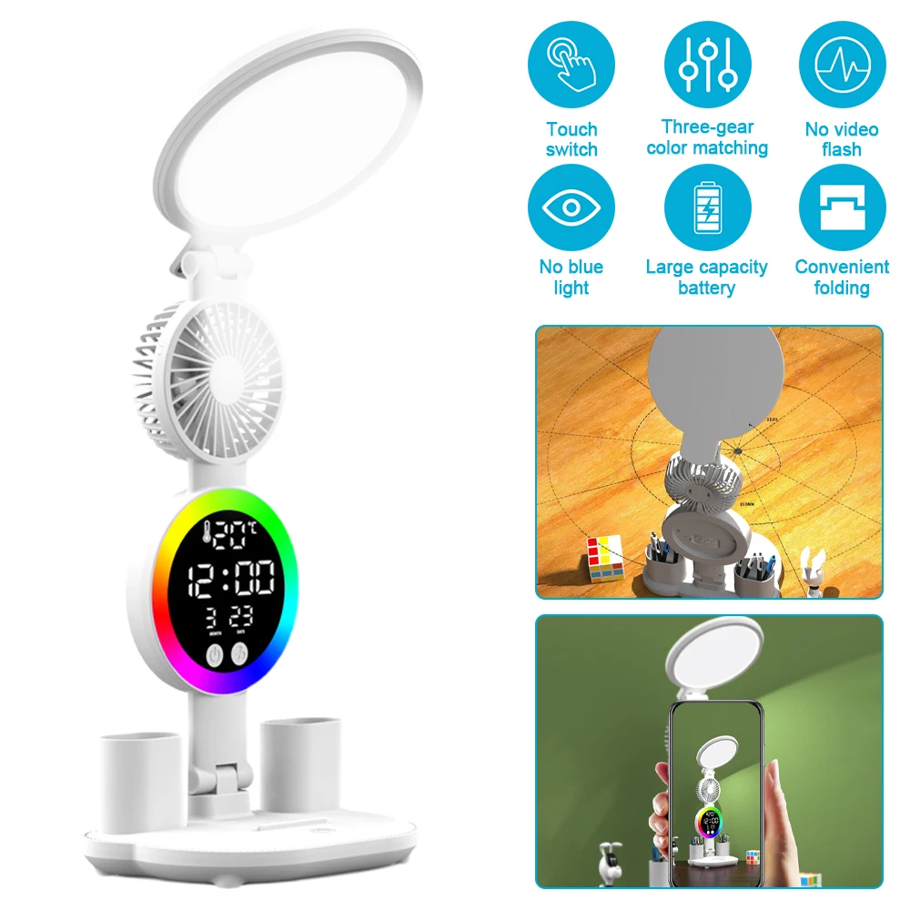 

Rechargeable Led Table Lamp for Study Desk Lamp Reading Light Led Night Light with Fan Led Clock Dispaly Reading Desk Light
