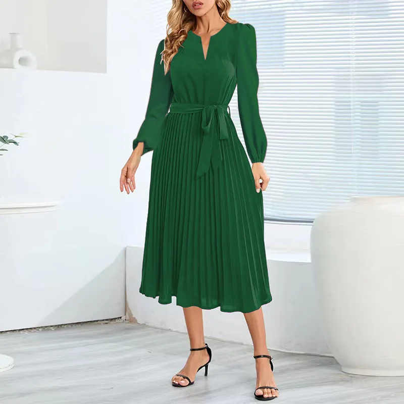 

2023 European and American Foreign Trade Women's Clothing New Long Sleeve Slim-Fit Pleated BeltDress-Border