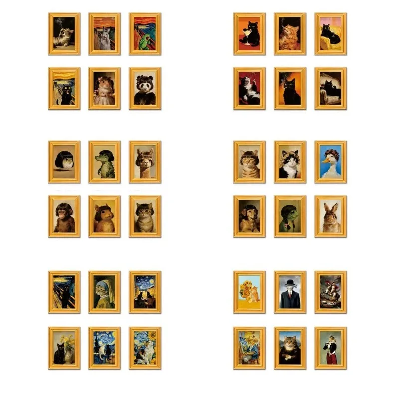6PCS Funny Animal Parody Art Wooden Mini Frame Fridge Magnet Classic Masterpiece Refrigerator Magnet for Home Office Decor Gift