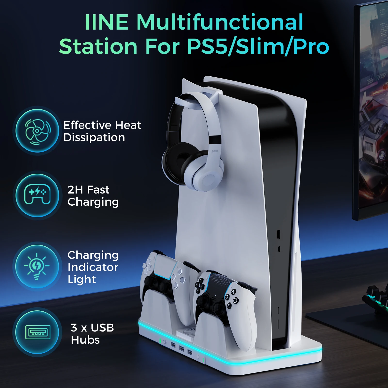 IINE Multifunctional Station For PS5/Slim/Pro  / Effective Heat Dissipation & 2H Fast Charging & 3 x USB Hubs