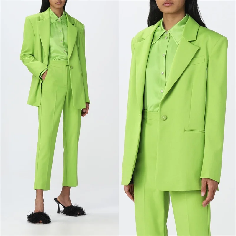 Fashion Green Women Suits Set Blazer+Ninth Pants 2 Pcs Tailored Made Formal Office Lady Jacket Bright Color Prom Dress Costumes