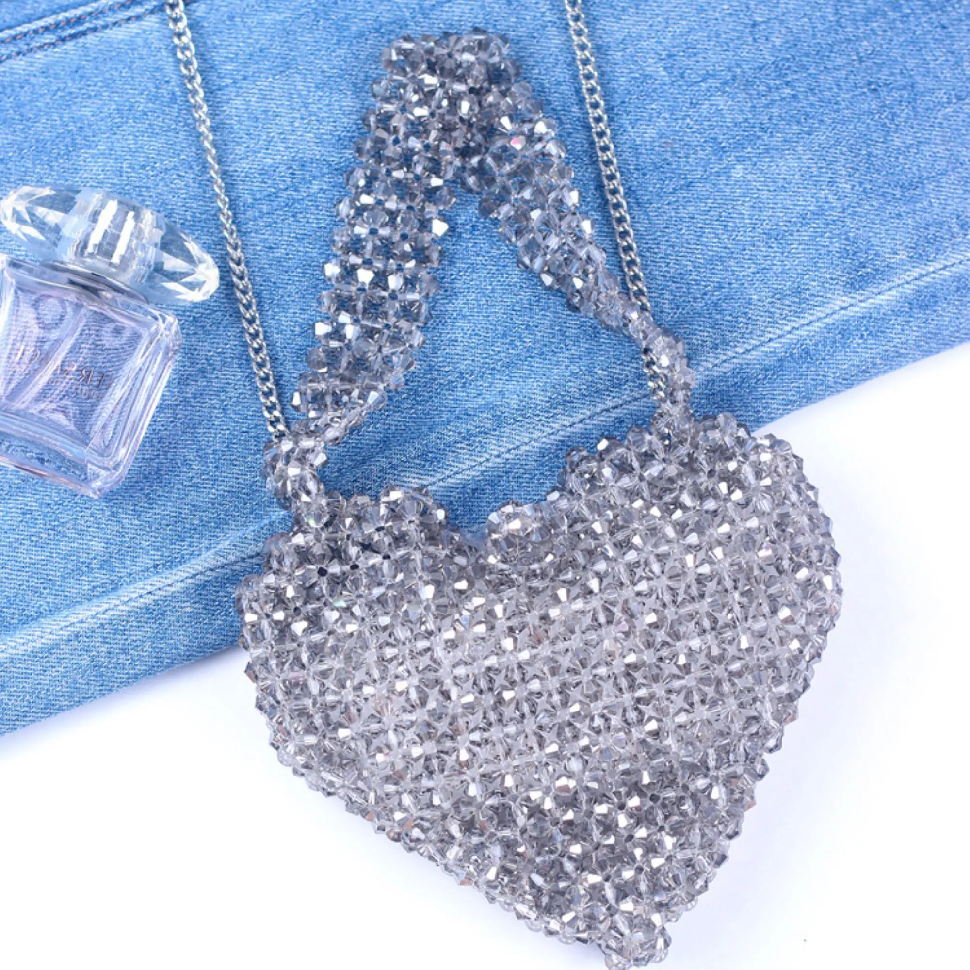 Summer New Silver Glass Acrylic Fashionable Trend Love Handheld Crossbody Bag