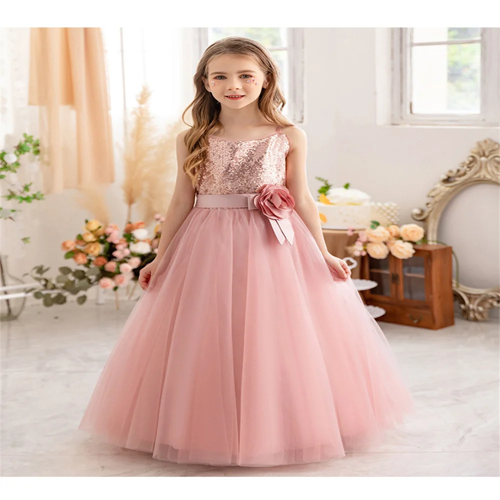 Elegante paillettes Layering Flower Girl abiti lunghi compleanno Prom Party matrimonio comunione Costume da principessa personalizzato celebrazione