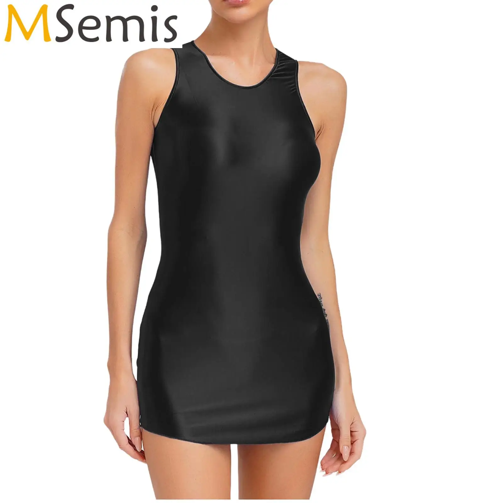Womens StretchyShiny Metallic Tank Dress Tight Mini Dresses Oil Glossy Round Neck Sleeveless Wrapped Hip Bodycon Dresses