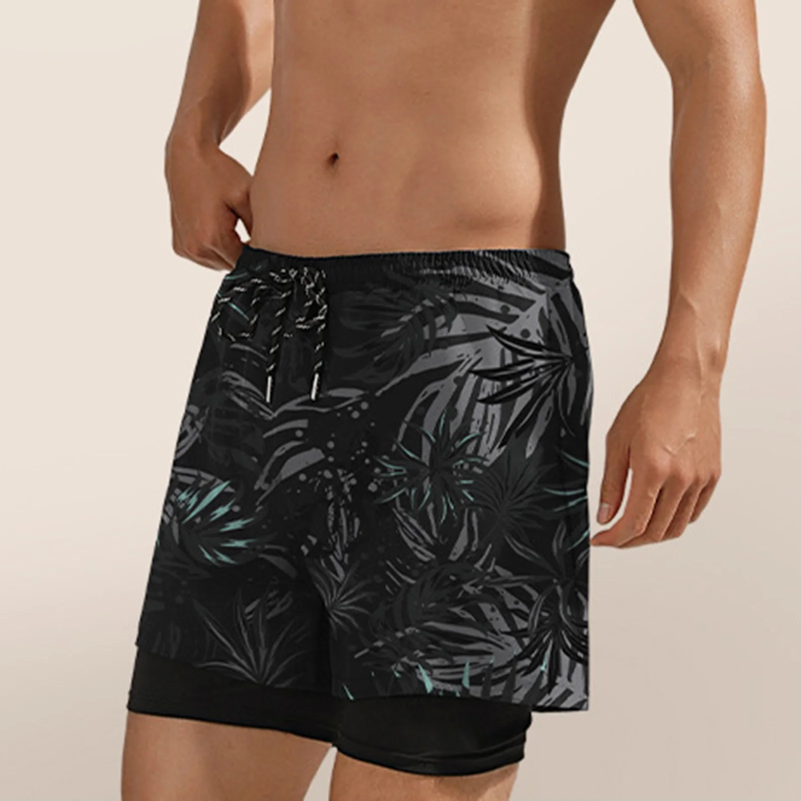 Men Anti Embarrassment Double Layer Swim Trunks Boxer Style Quick Dry Loose Fit Elastic Waistband Hot Spring Swimming Training