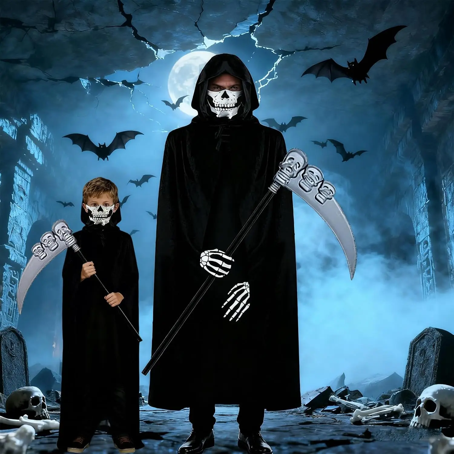 Grim Reaper Cloak Skeleton Face Scarf Handmade Craft Sleeveless Complete Costume