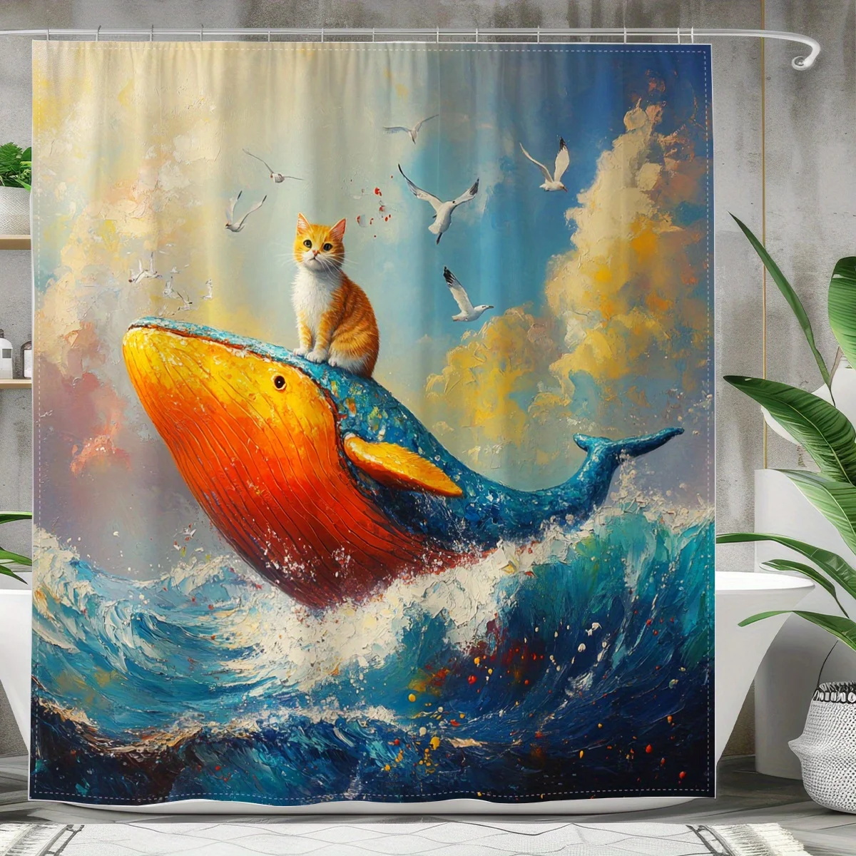 

1 шт., креативная и красивая занавеска для душа с цифровым принтом на тему кита и кота, изготовленная из полиэфирной ткани с крючками, ванная комната