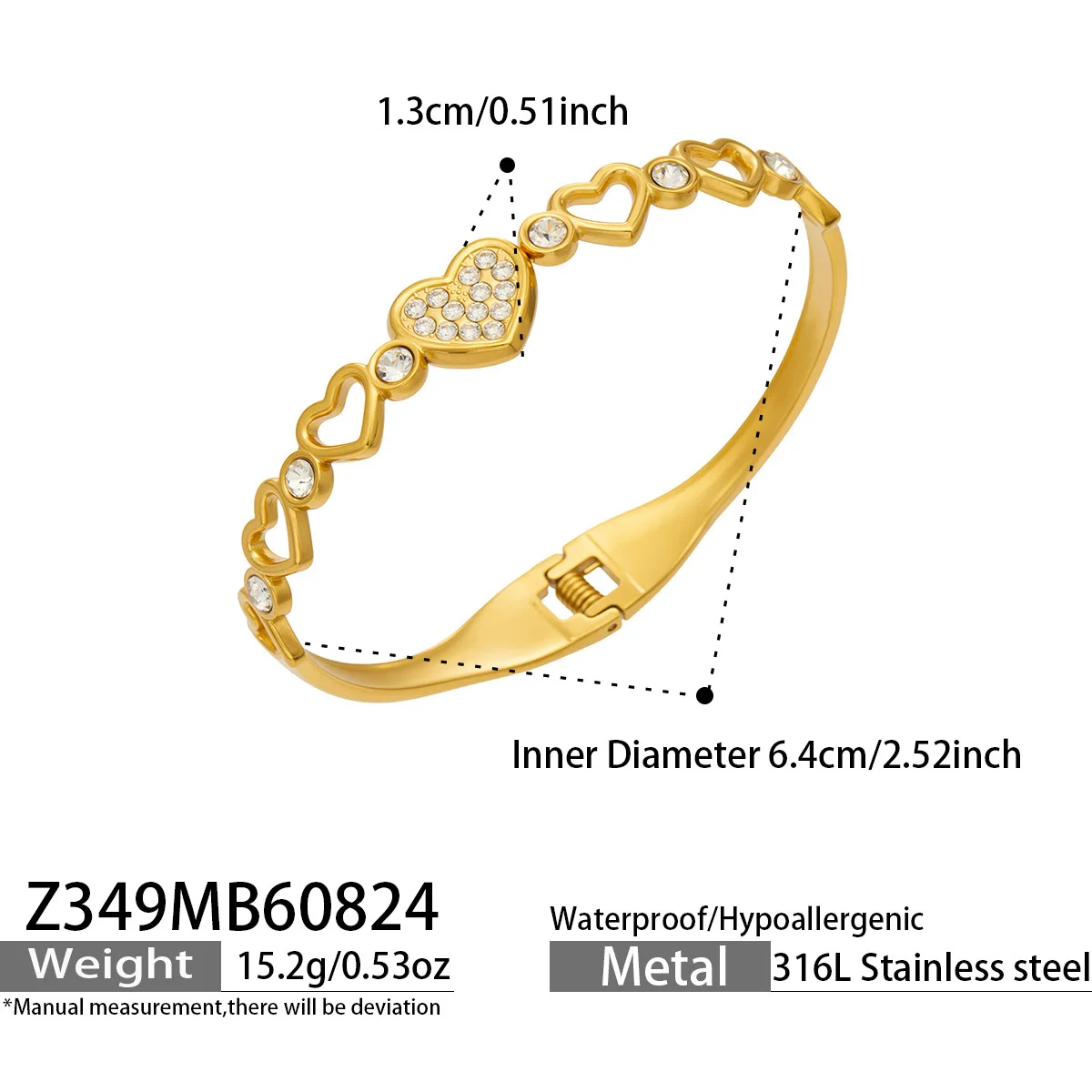 Öffnbare Stretch-Armreifen, Hohlherz-Armreif, 316L Edelstahl-Armband, 18k vergoldet mit CZ, Manschettenarmbänder für Frauen – Detail 7