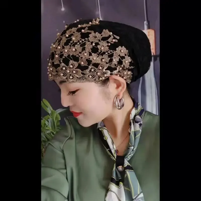 통기성 레이스 비딩 터번 모자 여름 여성 헤드랩 캡 무슬림 여성 히잡 보닛 기성복 이너 히잡