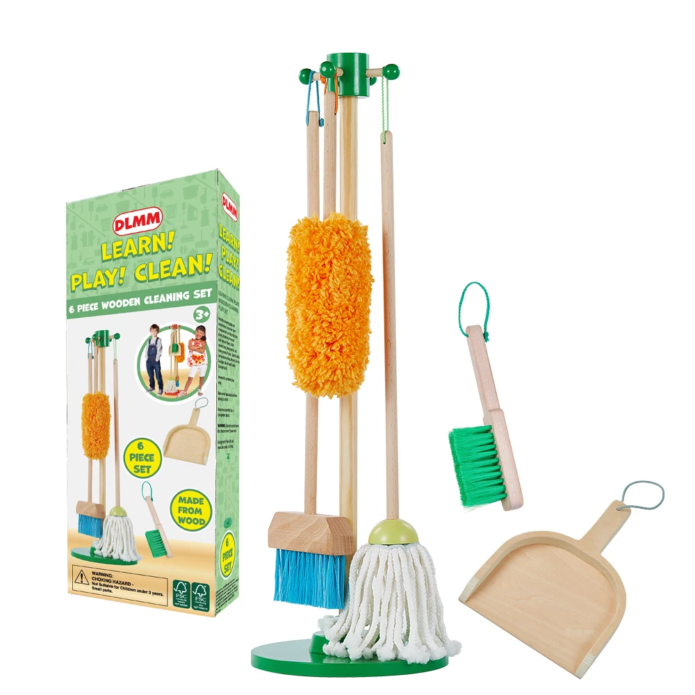 DLMM Wooden Kids Cleaning Set for Toddlers 6 Pieces Montessori Cleaning Toys Broom and Mop Set Housework