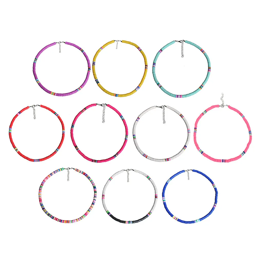 Clay and Alloy Round Piece Necklace Women Lightweight Comfortable Wearable All Day Colorful Boho Summer Beach Festival Statement