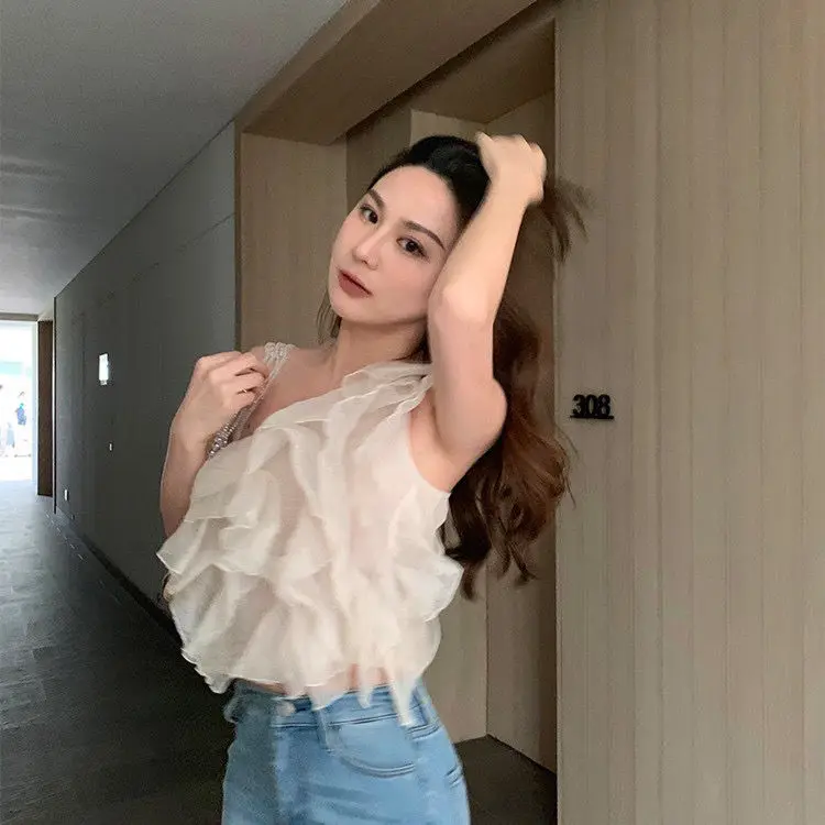 Sexy Women Chiffon Ruffled Shirts Slanted Shoulder Stitching Pleated Blouses Ins Skew Collar Lotus Crop Corset Top Blusas Mujer