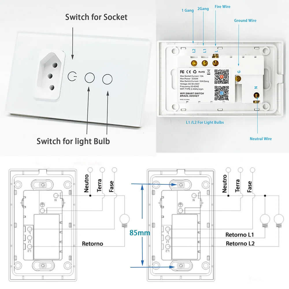 Wifi Smart Tuya Brazil Parallel Light Switch Wall Socket Brazilian Plug Brasil Outlet Glass Panel Intelligent Alexa Google Home