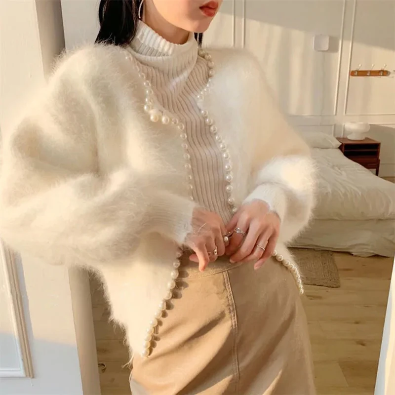 Vintage Pearls Knitted Cardigan Women Mink Cashmere Sweater Coat Korean Sweet Cropped Patchwork Knitwear Elegant Jumper Tops New