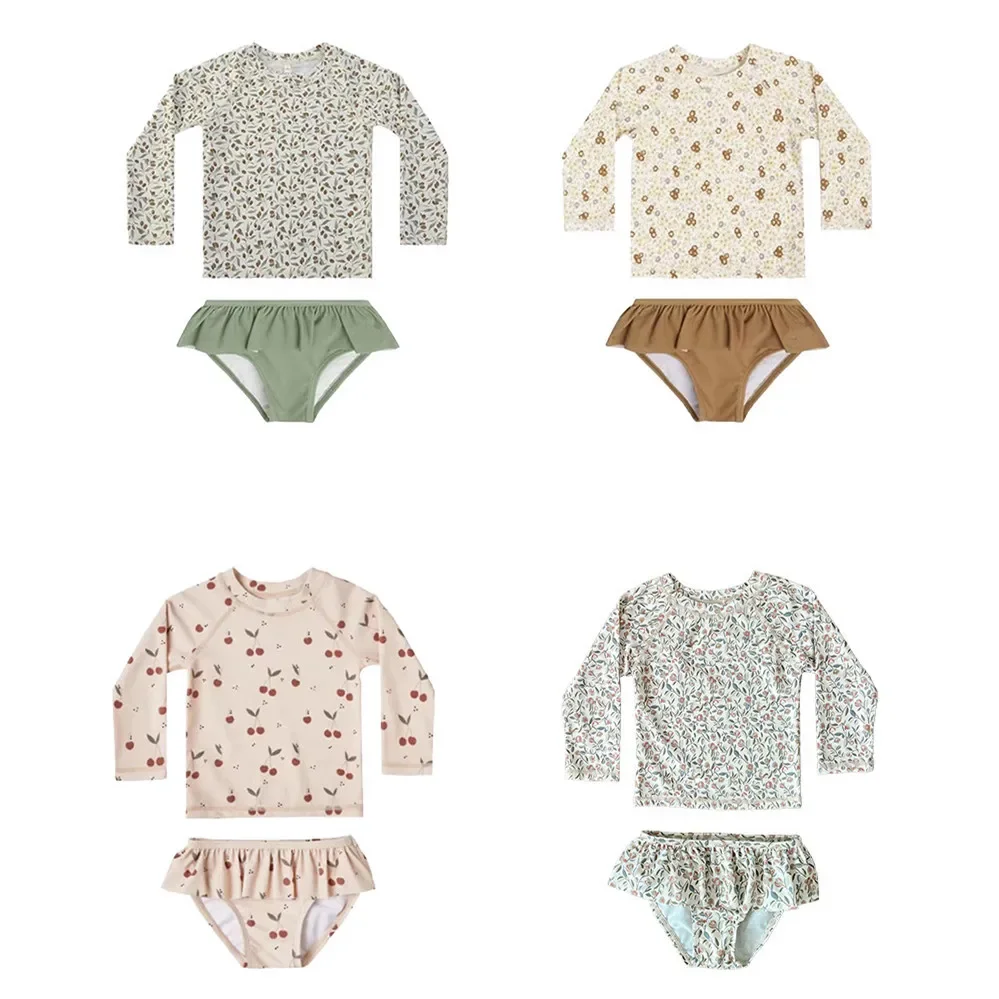 

Baby Girls Printed Two Pieces Swimwear Long Sleeve Tops Ruffles Shorts Kids Sun-proof Elastic Swimsuits New Summer