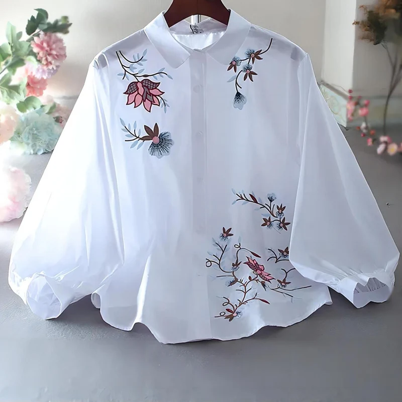 Summer New Solid Color Floral Embroidered Shirt Women POLO Collar Lantern Sleeve Single Breasted Cardigan Thin Style Loose Tops