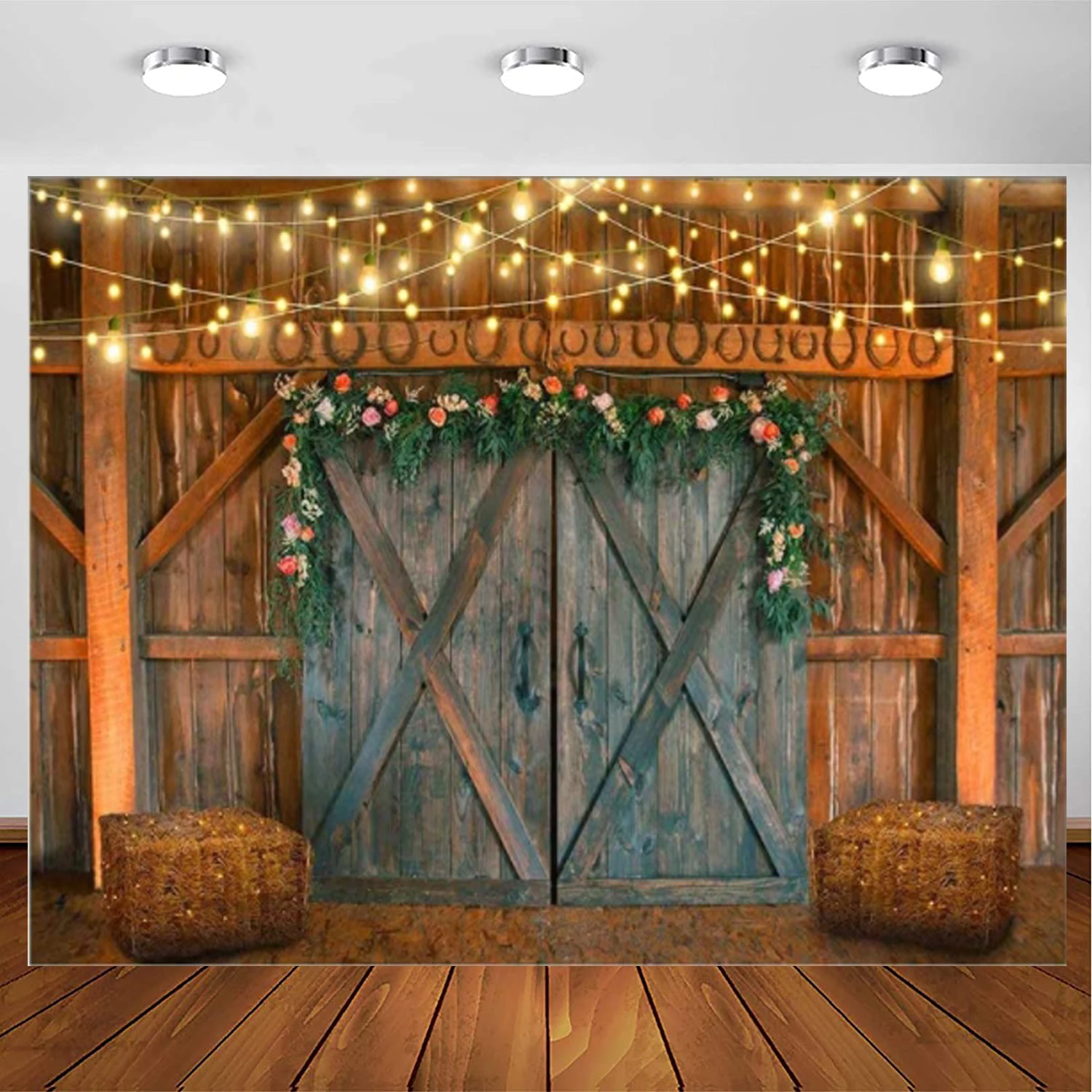 

Rustic Barn Photography Backdrop For Farm Theme Party Barn Door Hay Lights Background Western Cowboy Photo Booth Studio Props