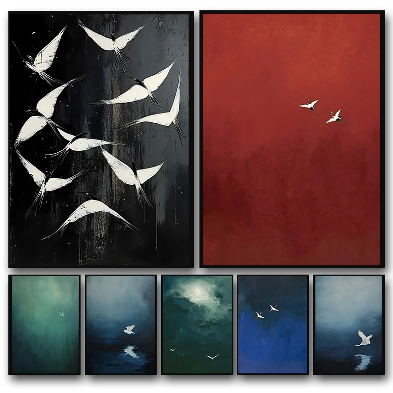 Surrealistisches Himmel- und Reiher-Poster, Vintage-Leinwandgemälde mit fliegenden Vögeln, minimalistisches abstraktes Wandkunstbild für das Wohnzimmer