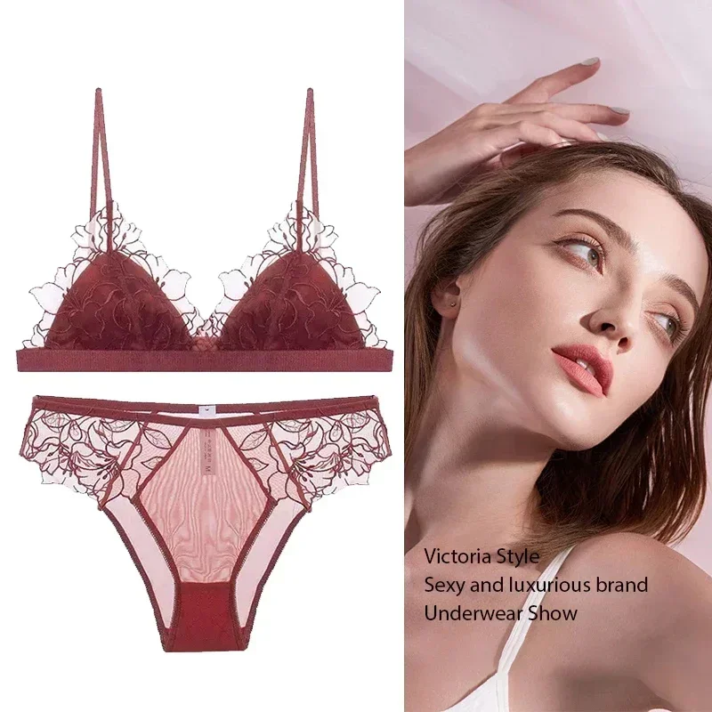 BANERDANNI Pure Desire Victoria French Lace Embroidered Lingerie Women's Thin Cup Triangle Cup Bra Set Comfortable No Underwire