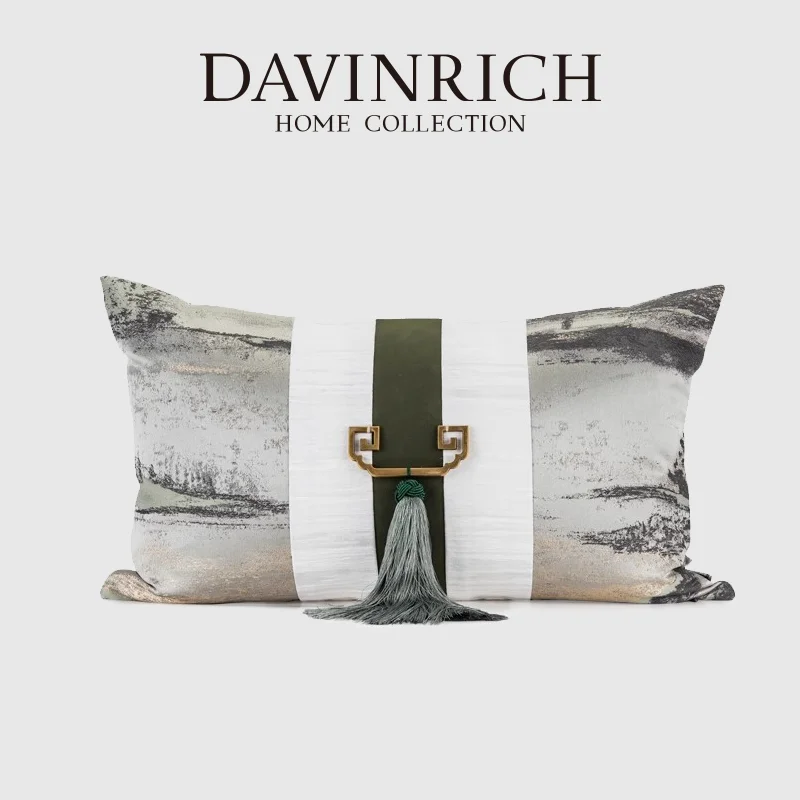 DAVINRICH Unique Artistic Drawings Green Fringed Cushion Cover Features A Metal Accessory Luxury Lumbar Pillow Case 30x50cm