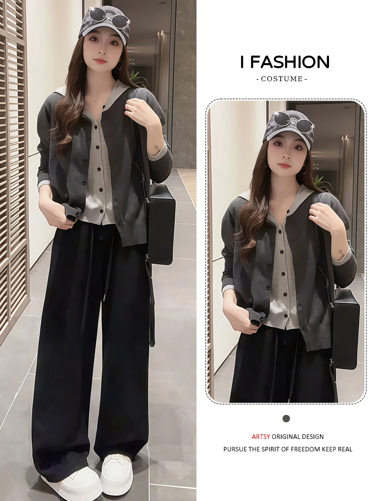 Early Autumn Hat Wide Leg Pants Two-Piece Set Women's Loose Fit Slimming Effect Casual Sle Cotton Blend Breathable