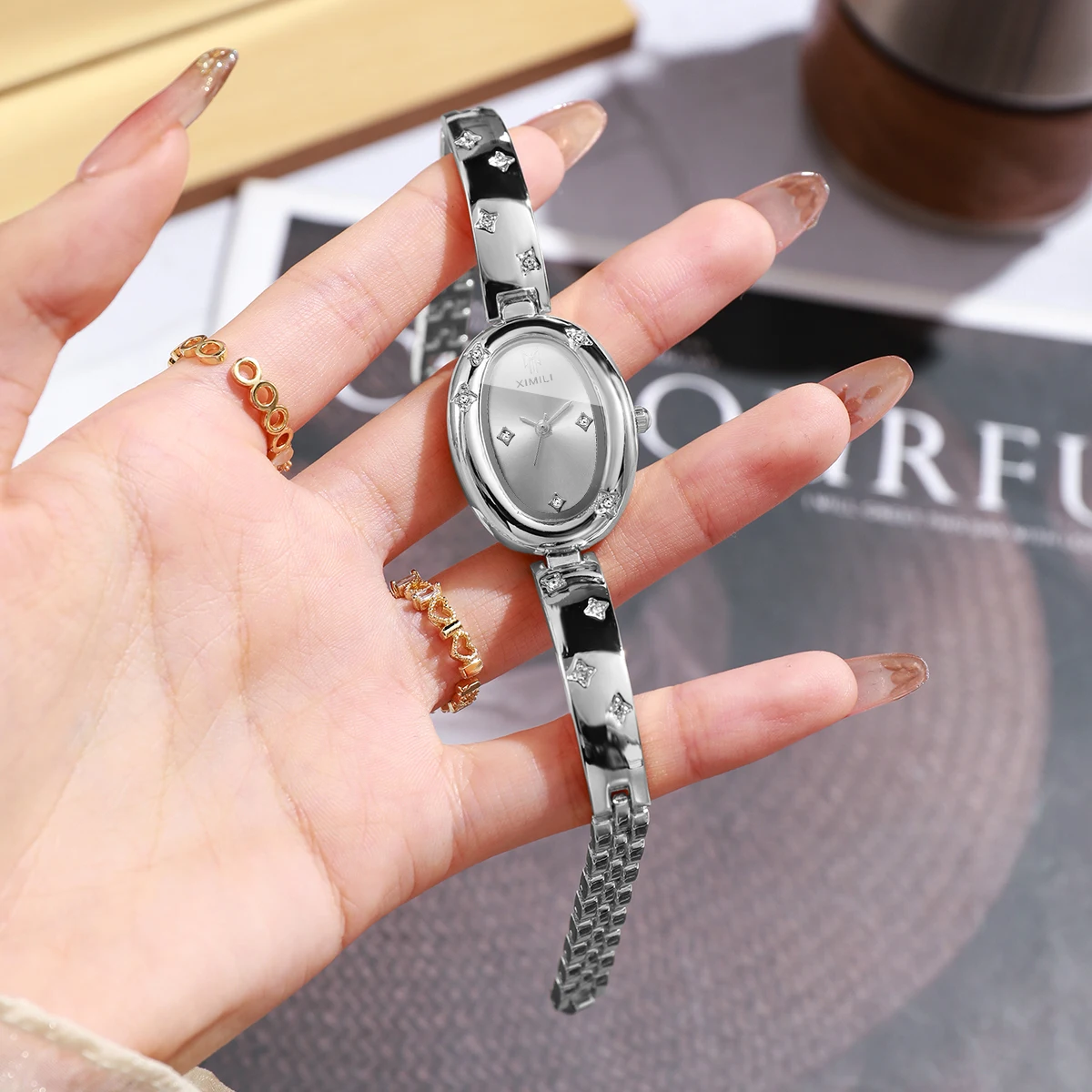 Elegant Oval Dial Women Watch Fashion Rhinestone Bracelet Bangle Ladies Quartz Wristwatches Clock Relogio Feminino（Without Box） image 6