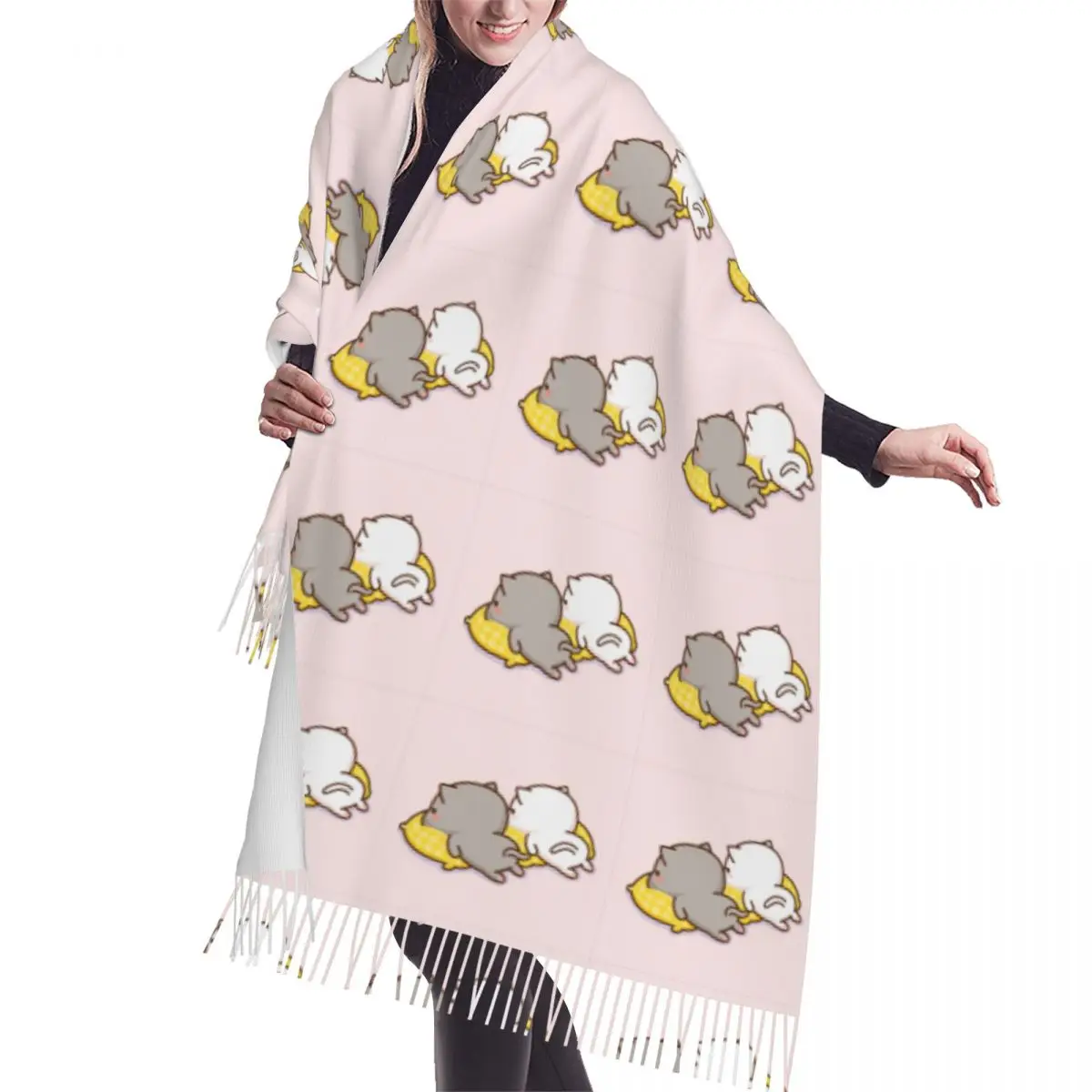 Customized Printed Cartoon Couple Peach And Goma Mochi Cat Scarf Men Women Winter Fall Warm Scarves Fashion Versatile Shawl Wrap