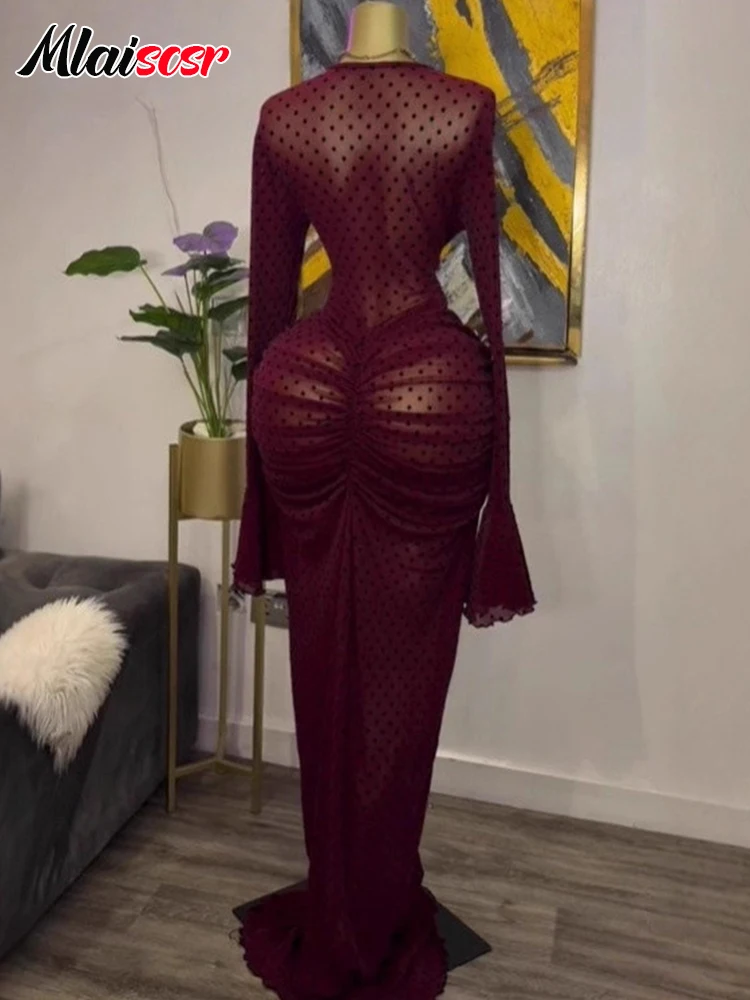Mlaiscsr エレガントな長袖スタックドレースメッシュシースルーブラックマキシドレス女性ファッションイブニング誕生日休暇 Vestidos