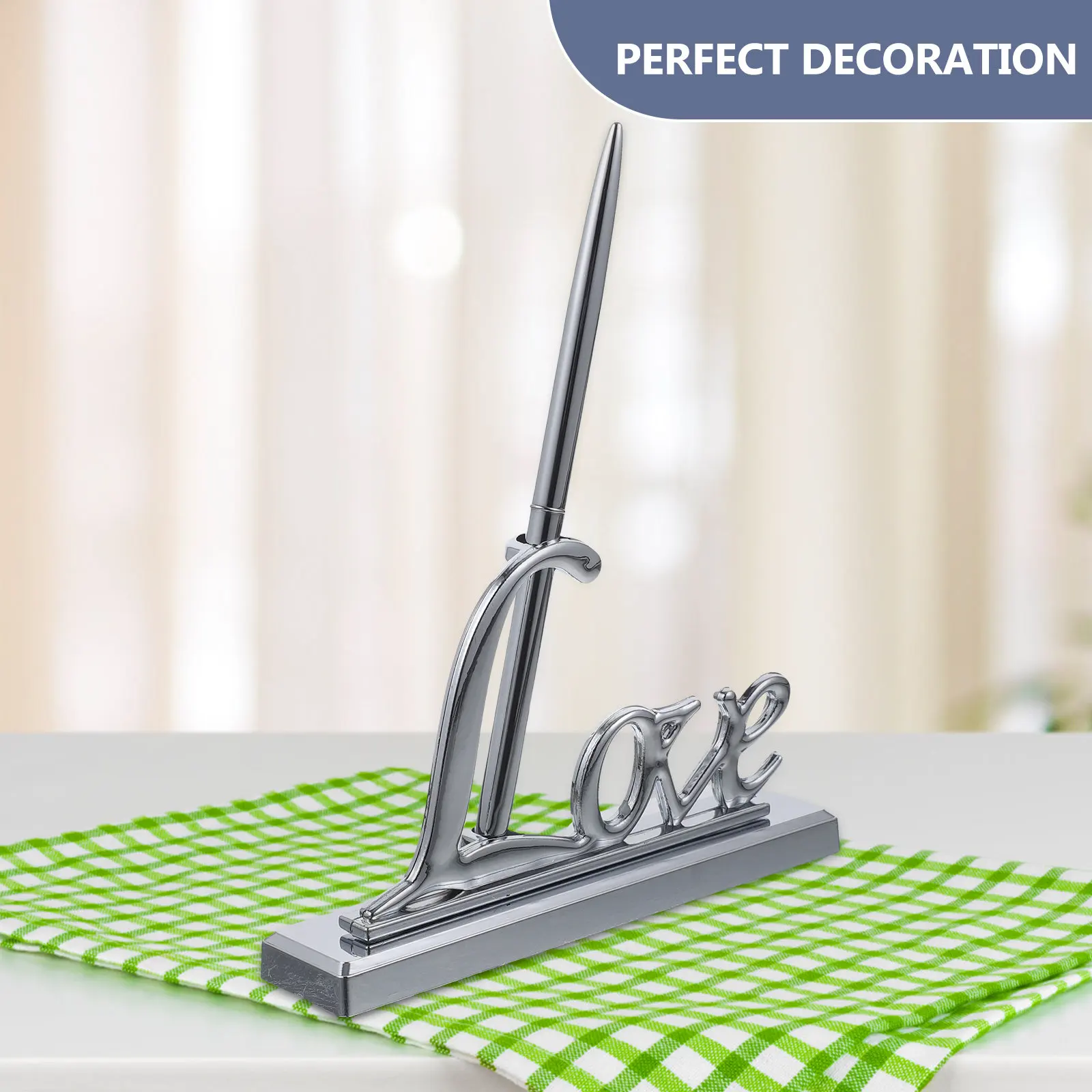 Luxury Crystal Accented Silver Wedding Pen Set Featuring Engraved Love Plaque Pen Holder for Guest Signature Book
