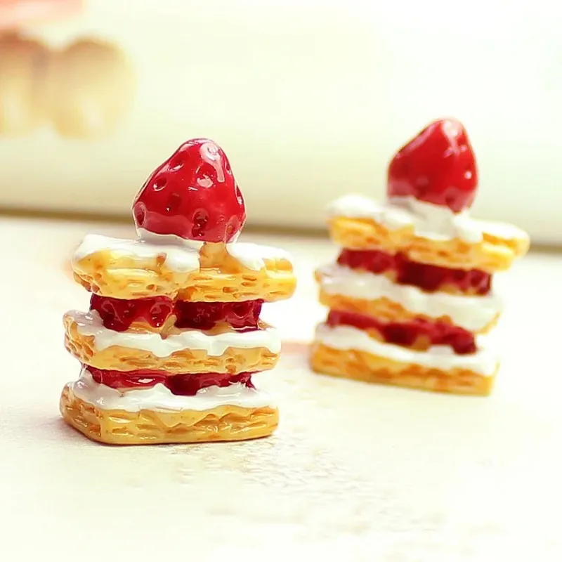 10pcs Resin Strawberry Cake Fake Food Cabochons Miniature Accessories Resin Diy Mini Scrapbook Craft Material Flatback Charms