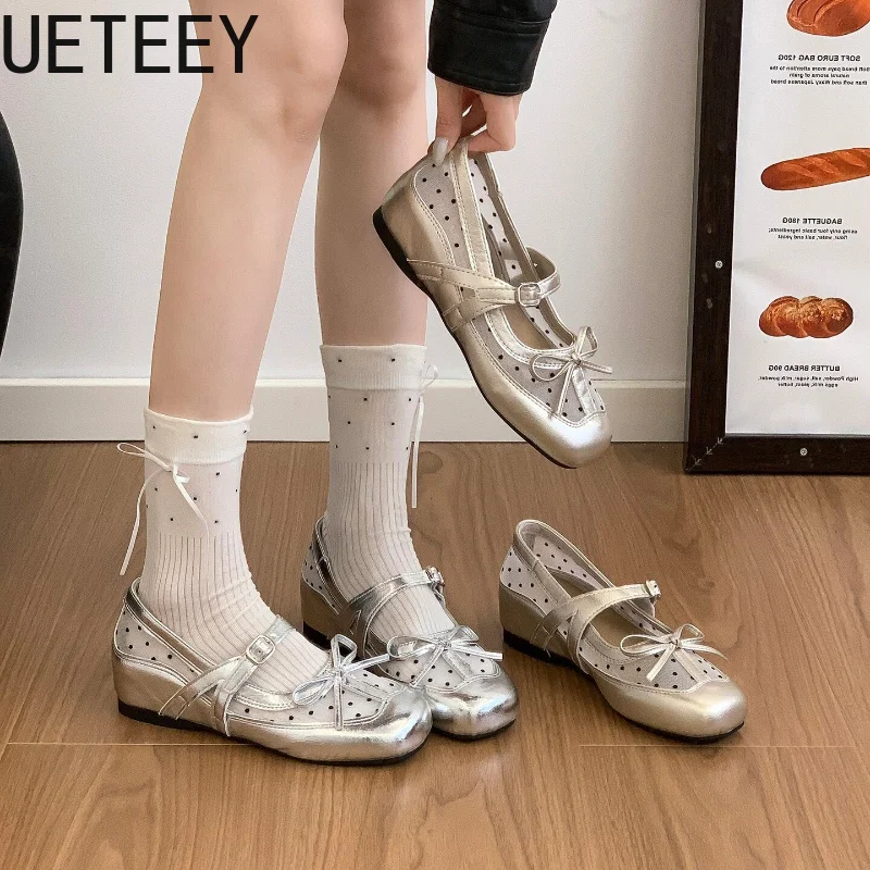 Mesh Breathable Women Mary Jane Shoes Designer Internal Elevation Shoes Ladies Eelgant Butterfly-knot Dress Leather Shoes