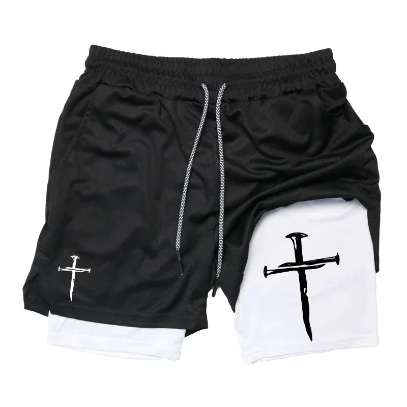 Cross Graphic 2-in-1 Workout Running Shorts for Men Christian Gym Performance Shorts with Phone Pocket Towel Loop Active Wear