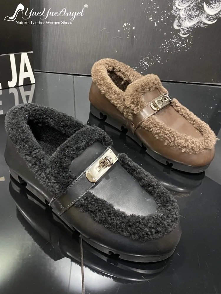Neue Mode Winter Frauen Warme Fleece Futter Slip Auf Wohnungen Faulenzer Rindsleder Echtes Leder Schuhe Vintage Britischen Stil Schuhe