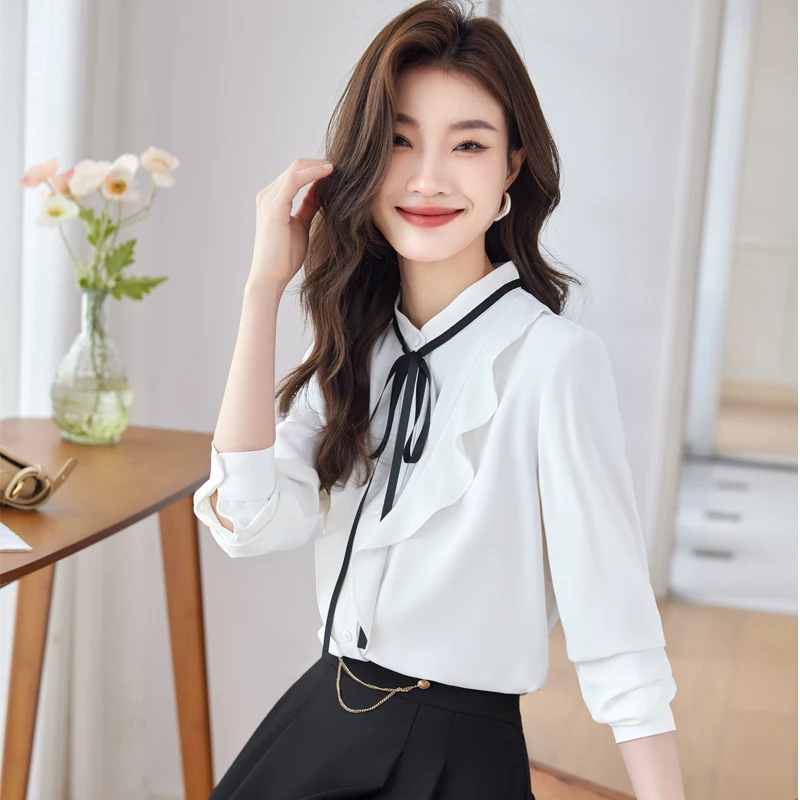 NAVIU Elegant Light Green Shirt Women New Autumn Temperament Ruffles Long Sleeve Formal Blouses Office Ladies Work Tops White