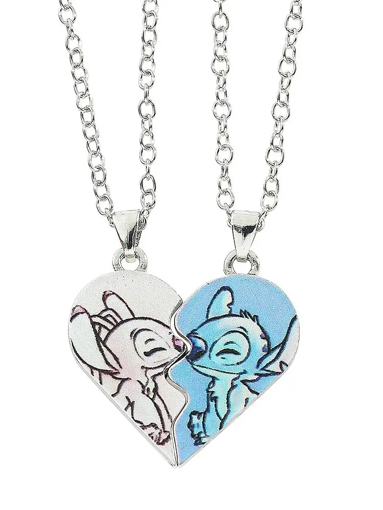 Colar de coração Disney Stitch para casal, cor dourada e prateada, anjo e ponto, estilo fofo,