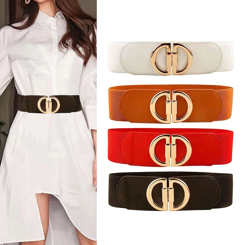 Women Leisure Elastic Wide Waistband Belt Ladies Fashion Alloy Buckle Stretchy Waist Belt Decorative Buckle Waist Cover