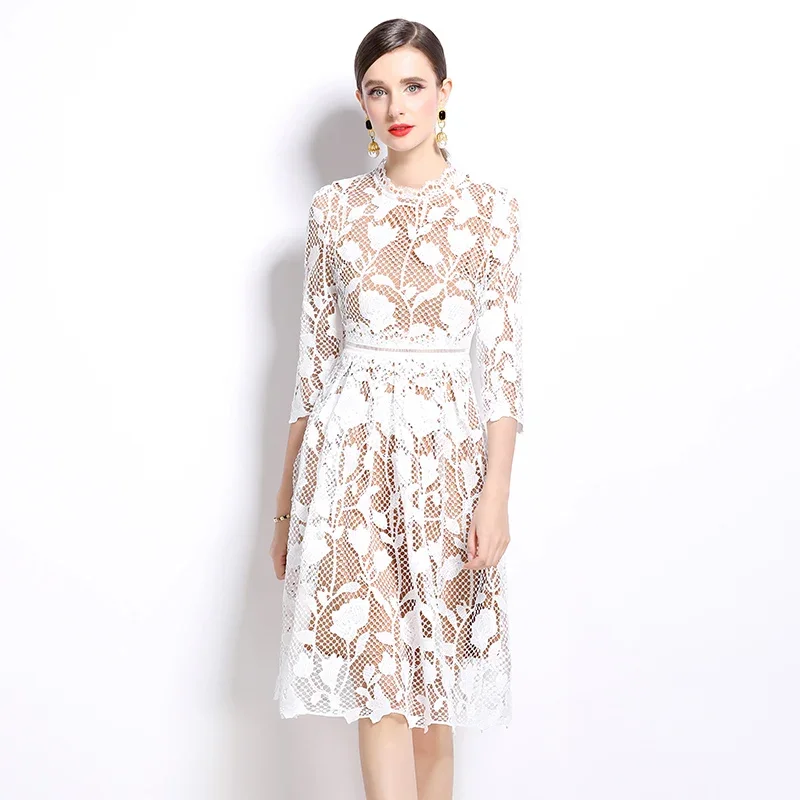 

Элегантное тонкое женское вечернее платье длиной до колена с рукавами 2/3, новинка 2025, осеннее модное повседневное роскошное кружевное платье