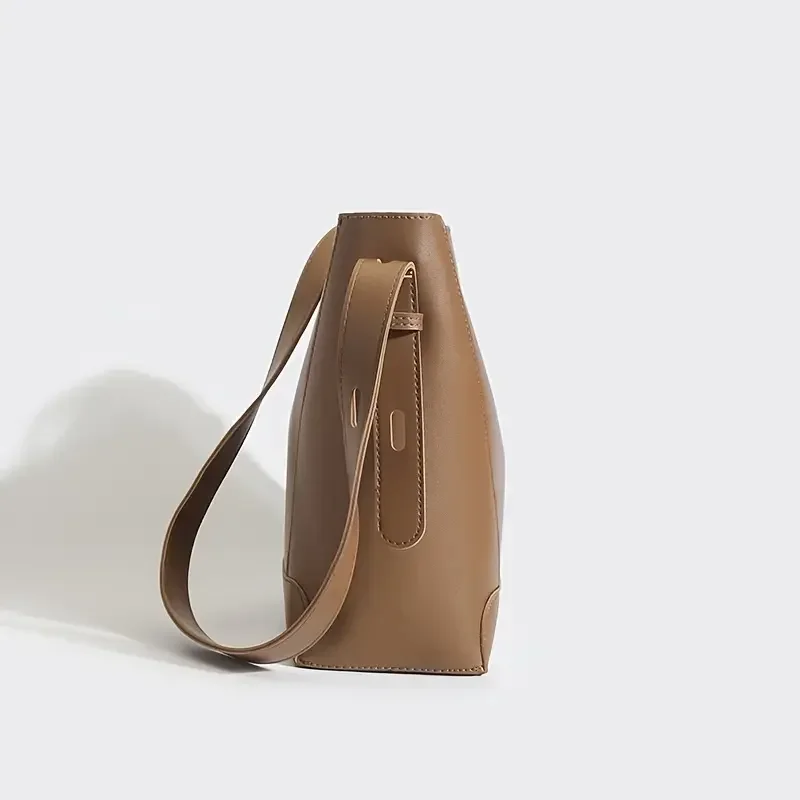 Retro Faux Leather Bucket Bag, Shoulder Bag With Adjustable Strap , Buckle Decor Tote Bag For Work