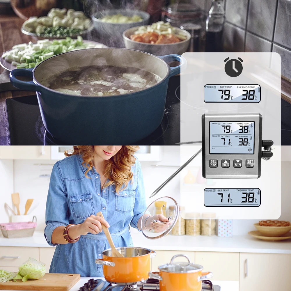 TP700 TP710 Kitchen Digital Cooking Thermometer Meat Food Temperature for Oven BBQ Timer Function with Stainless Steel Probe