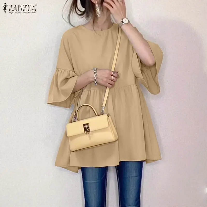 ZANZEA Women Blouse Short Sleeve Tunic Top Ruffle Hem Casual Vacation Summer Shirt Solid Color Round Neck A-Line Blusas