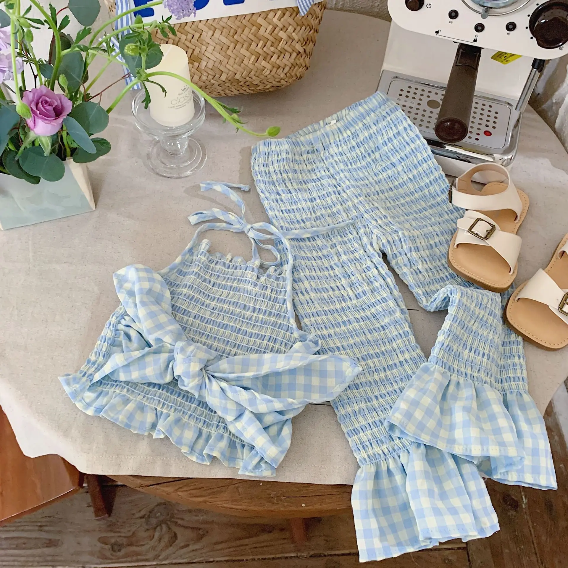 Summer 2-6 Year Baby Girls 2PCS Clothes Set Sleeveless Blue Solid Color Sling Elastic Waist Cotton Pants Suit Children Outfits